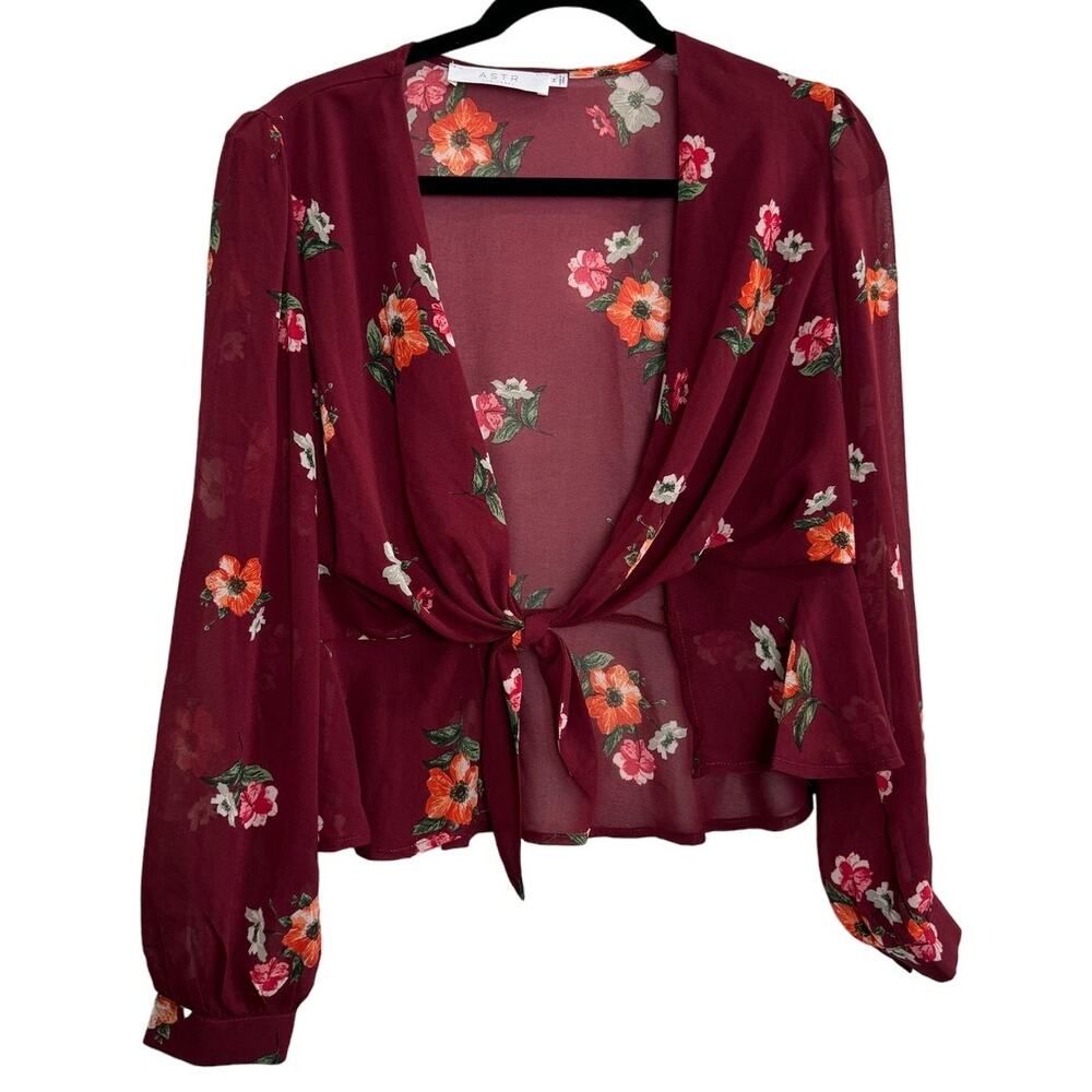 Women's Sheer Long Sleeve Blouse Top Maroon Medium